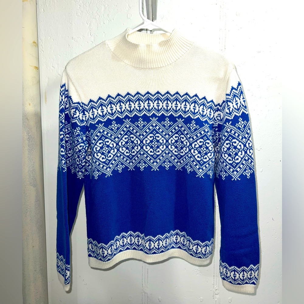Talbots Women’s Long Sleeve Turtle Neck Knit Sweater Blue White Vintage Size M